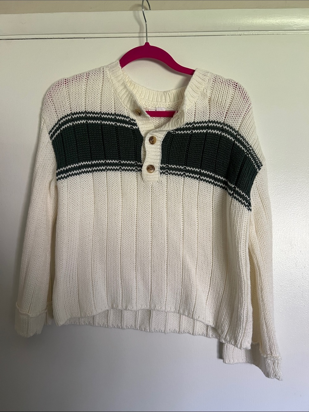 O'Neill Cream Sweater with Dark Green Stripe and Henley Buttons
